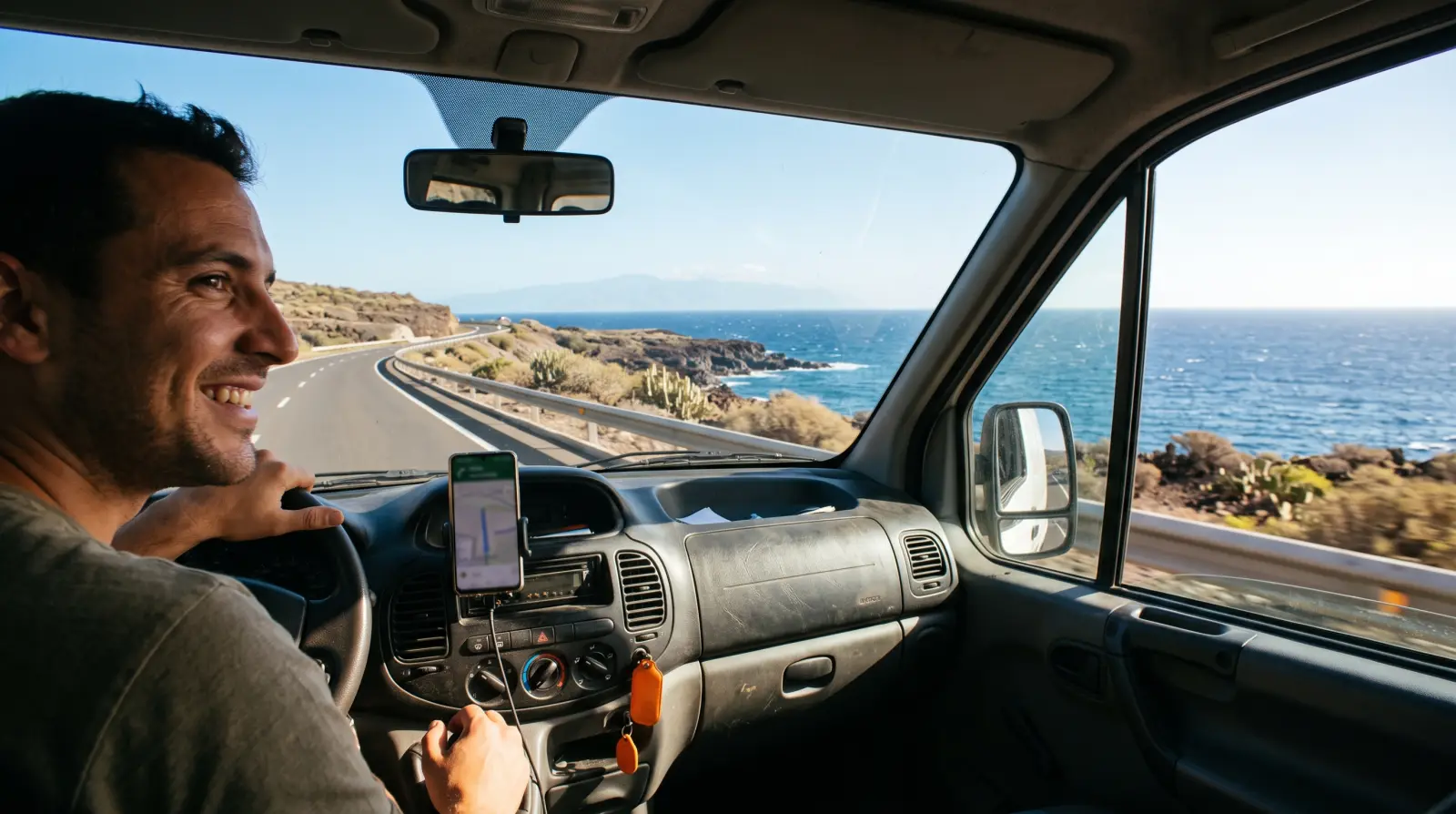 A van driver on a coast road with a phone in a dashboard mount showing a map.